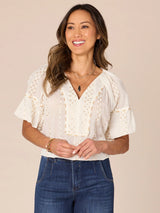Short Bubble Sleeve Emb. Sequins Woven Top Ecru