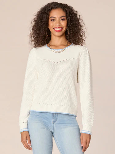 Round Neck V Yoke Stitch Mix Sweater Off White + Sky Blue