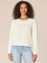 Round Neck V Yoke Stitch Mix Sweater Off White + Sky Blue