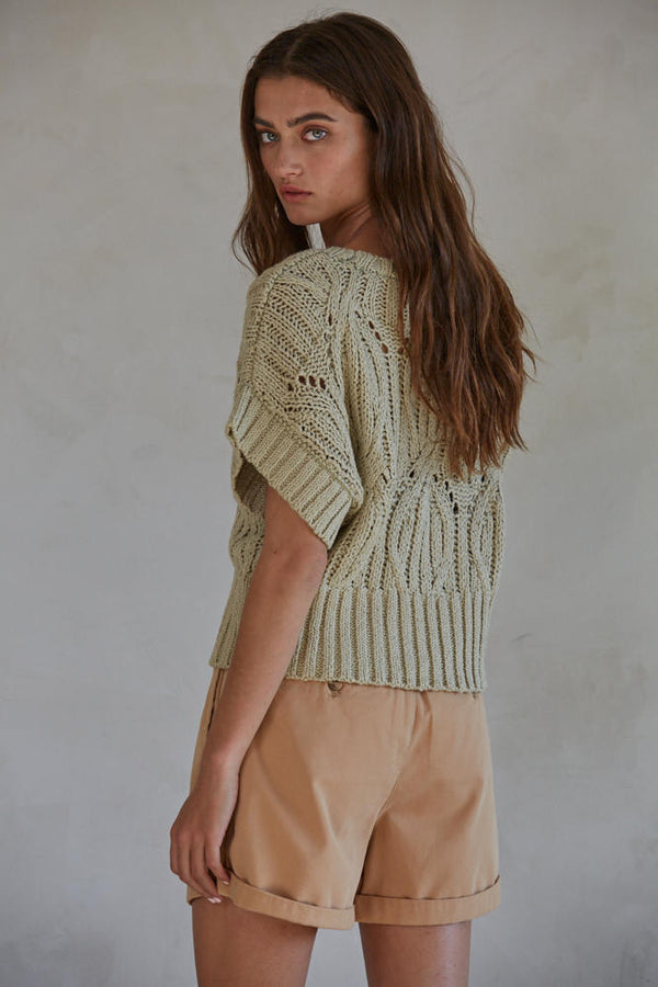 Cali Crochet Short Sleeve Sweater Top Light Olive