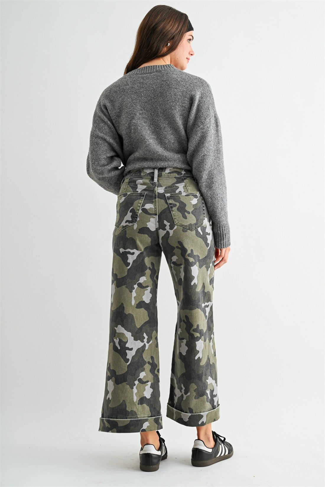 High Rise Wide Leg Crop Camo Cuffed Hem Pants Amulet Green