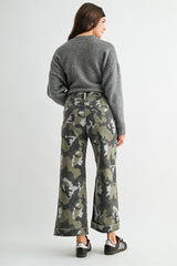 High Rise Wide Leg Crop Camo Cuffed Hem Pants Amulet Green