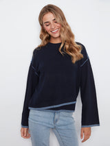 Wide Long Sleeve Asymmetric Contrast Hem Detail Sweater Navy