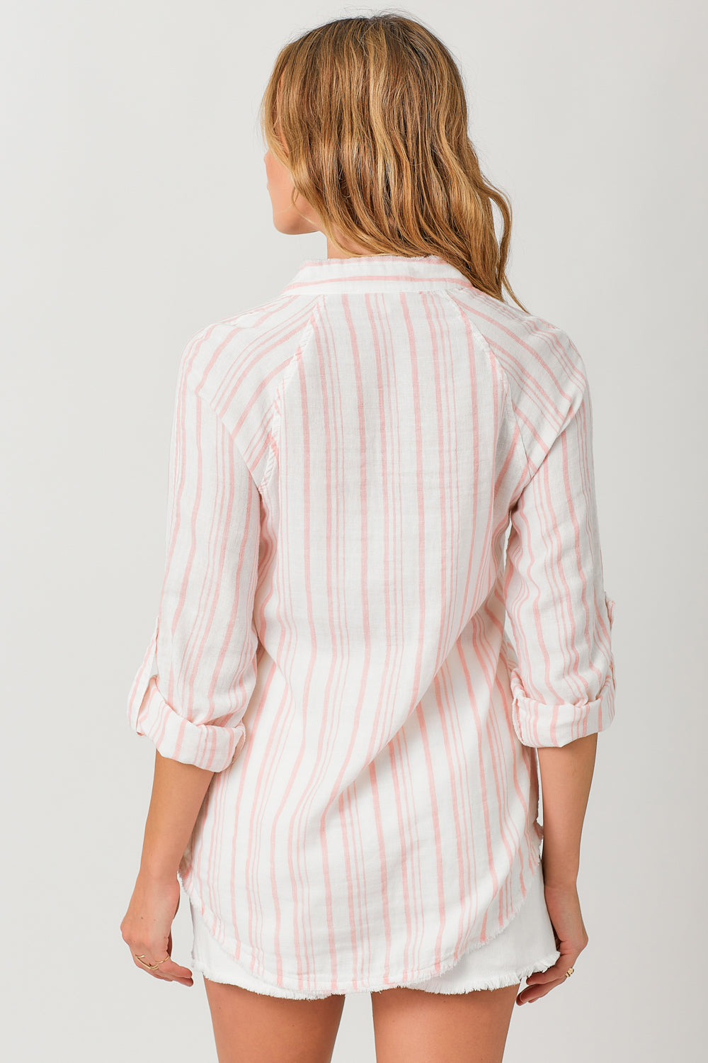 Fray Hem Button Down Shirt Blush Stripe