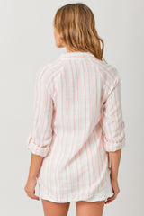 Fray Hem Button Down Shirt Blush Stripe