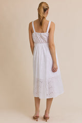 Sleeveless Square Neck Eyelet Midi Dress White