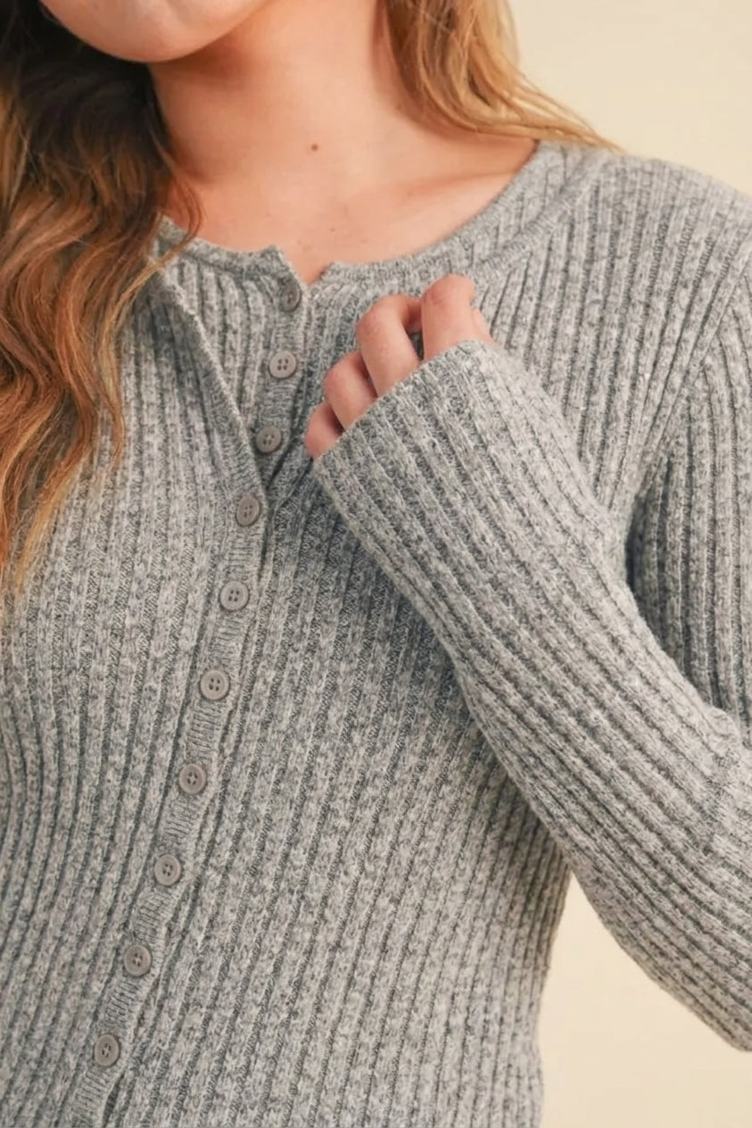 Two Fer Layered Button Cardi Top Heather Grey