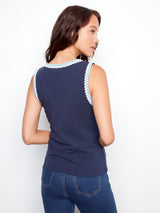 Crochet Neckline Knit Tank Navy
