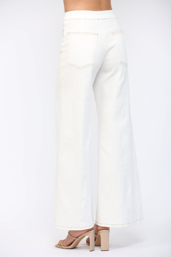 Contrast Stitch Triple Pintuck High Waist Flare Pants Cream