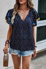 Ethnic Boho Print Split Vneck Flare Sleeve Blouse Navy