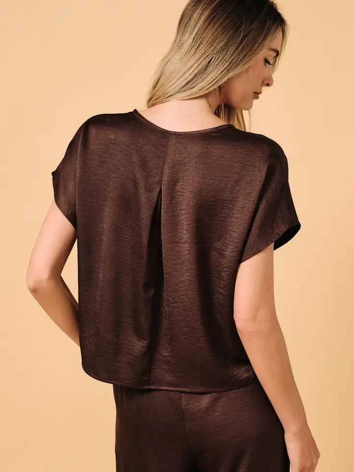 Vneck Dolman Short Sleeve Crinkle Satin Top Brown
