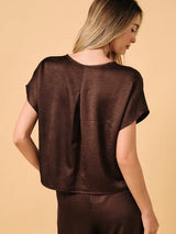Vneck Dolman Short Sleeve Crinkle Satin Top Brown