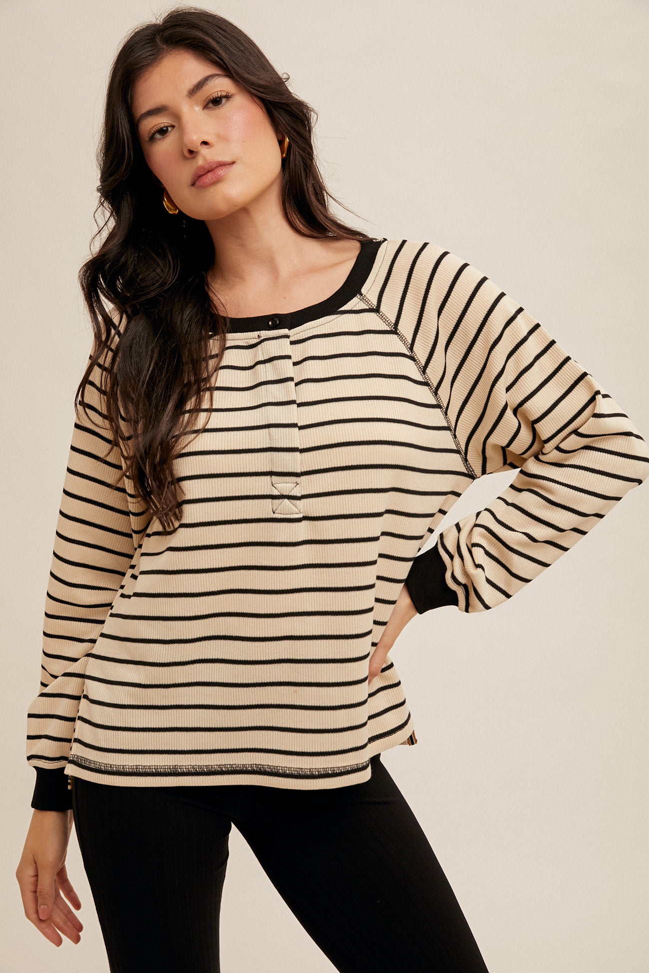 Side Slit Oversize Stripe Long Sleeve Top Black