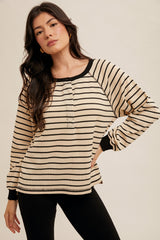 Side Slit Oversize Stripe Long Sleeve Top Black