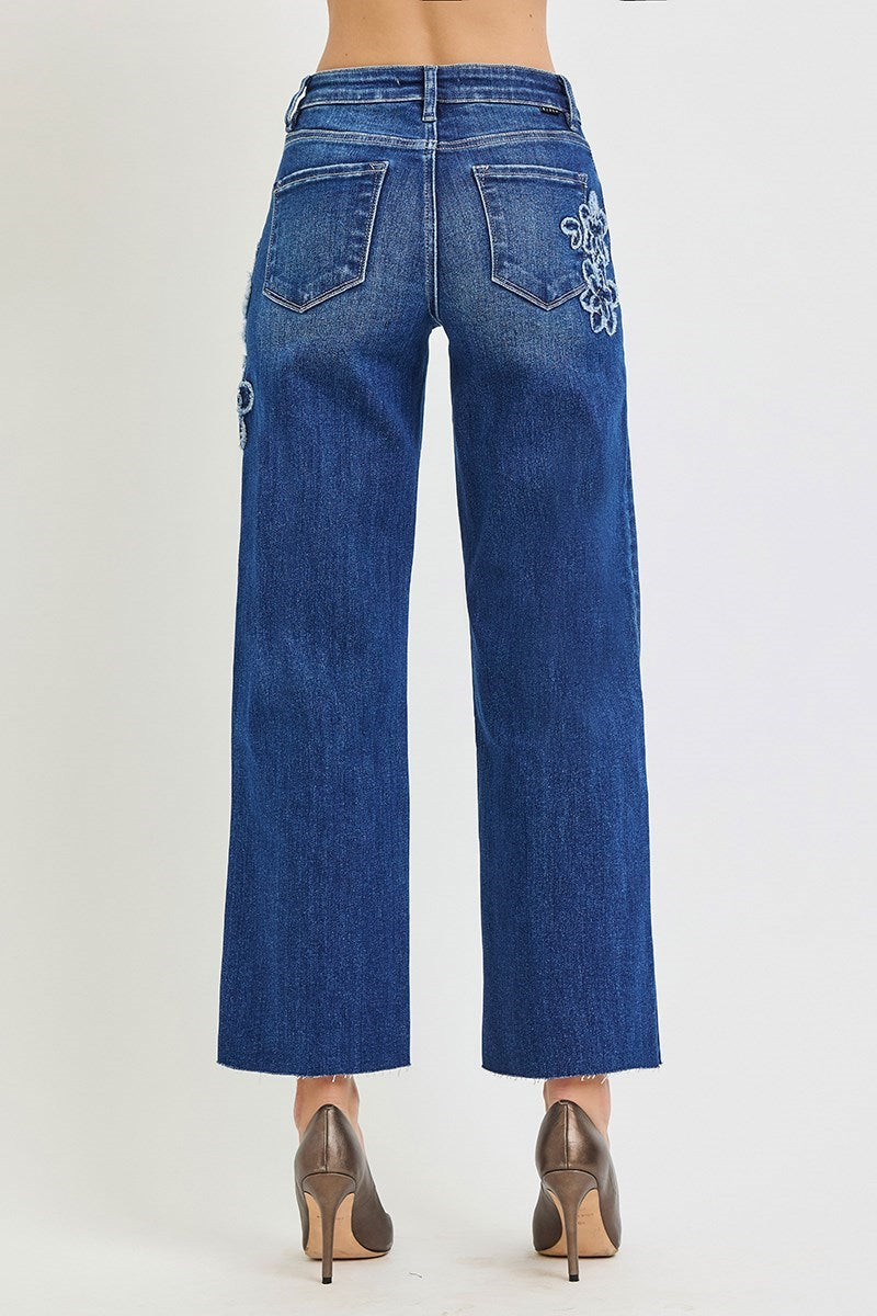 Mid Rise Crop Straight Floral Patch Jeans Dark