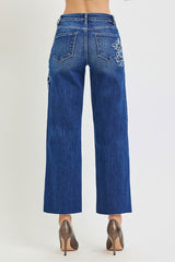 Mid Rise Crop Straight Floral Patch Jeans Dark