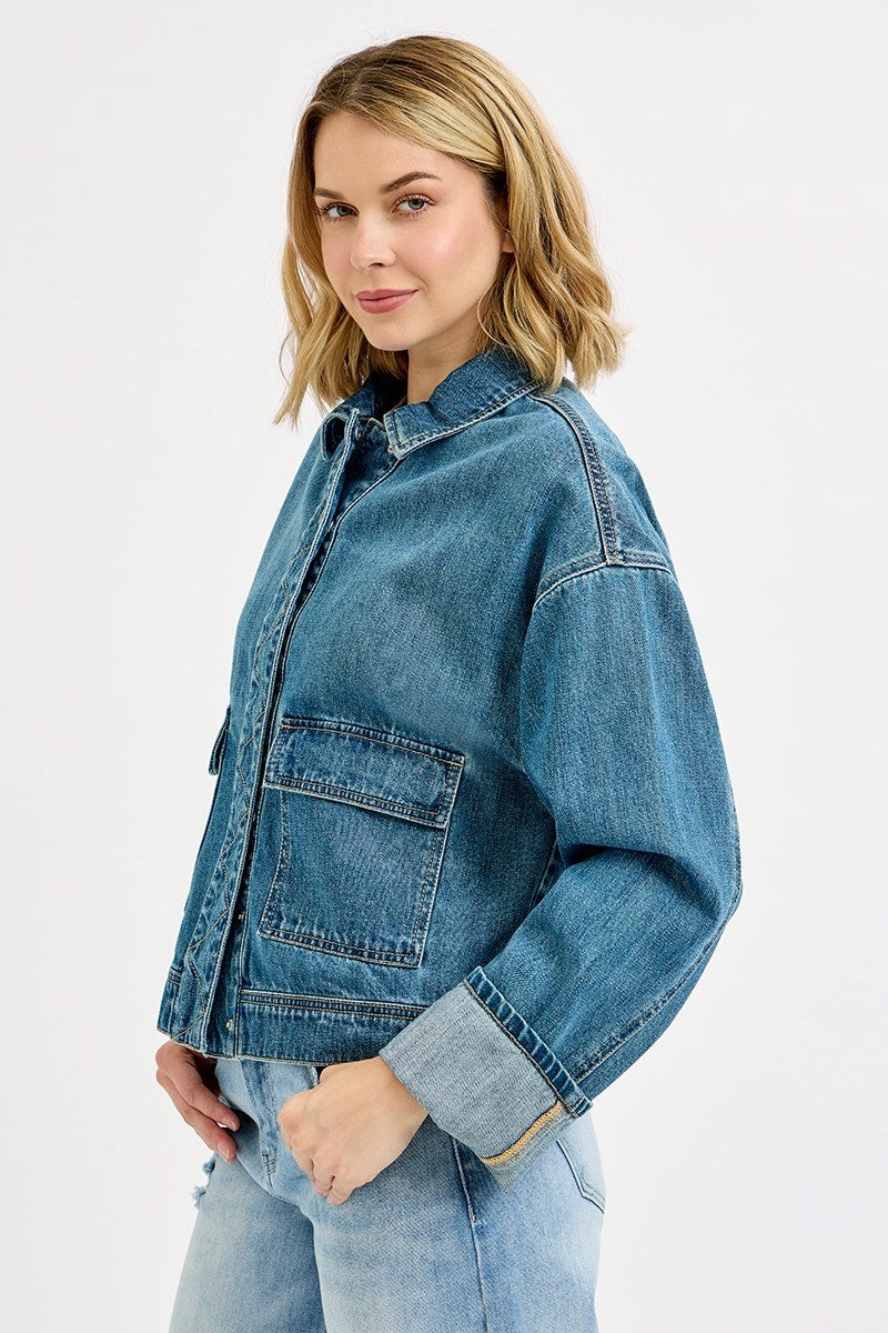 Oversized Cargo Pocket Cuffed Sleeve Denim Jacket Medium