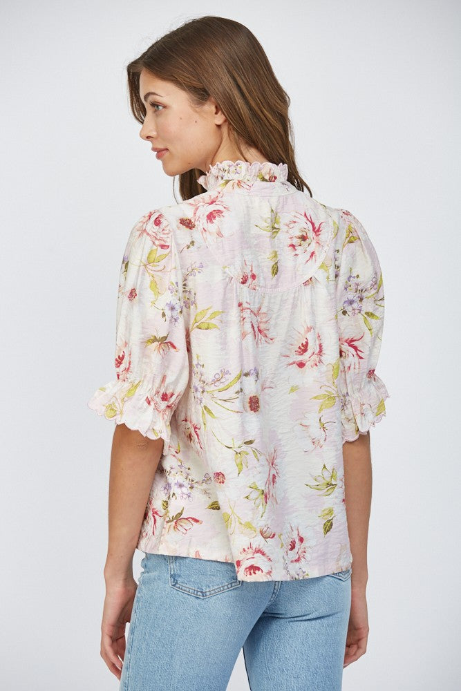 Ruffle Stand Collar Front Button Placket Detail Blouse Pink Multi
