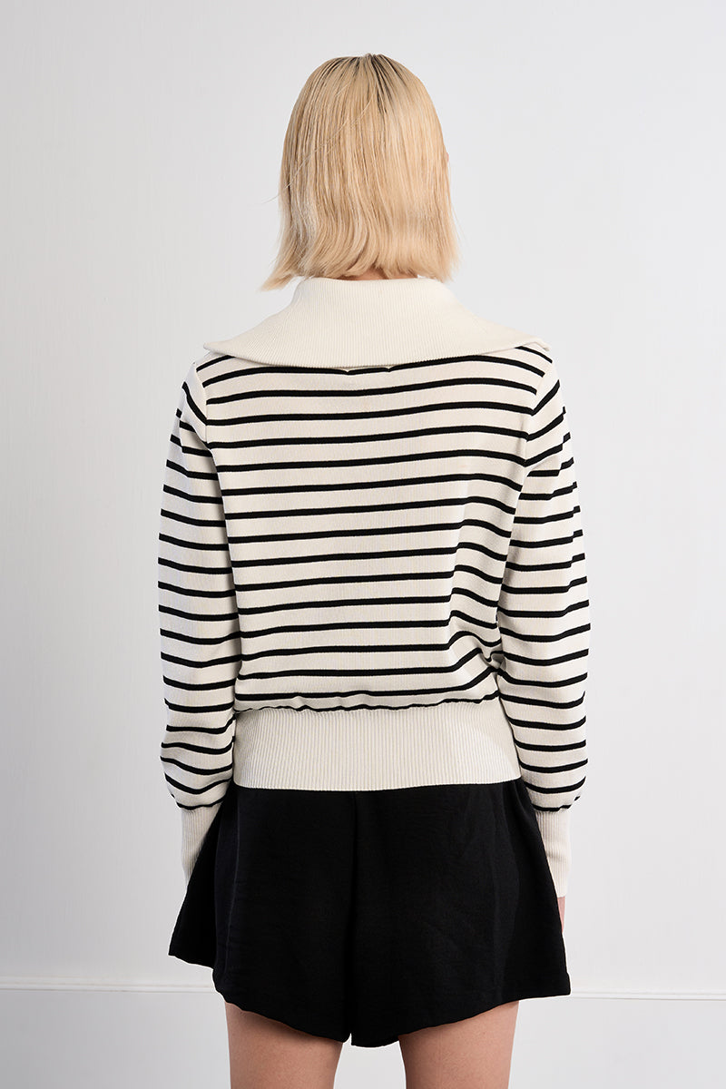 Stripe Oversize Collar Zip Cardi Off White