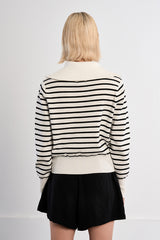 Stripe Oversize Collar Zip Cardi Off White