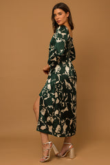 3/4 Sleeve Surplice Abstract Midi Dress Hunter Green