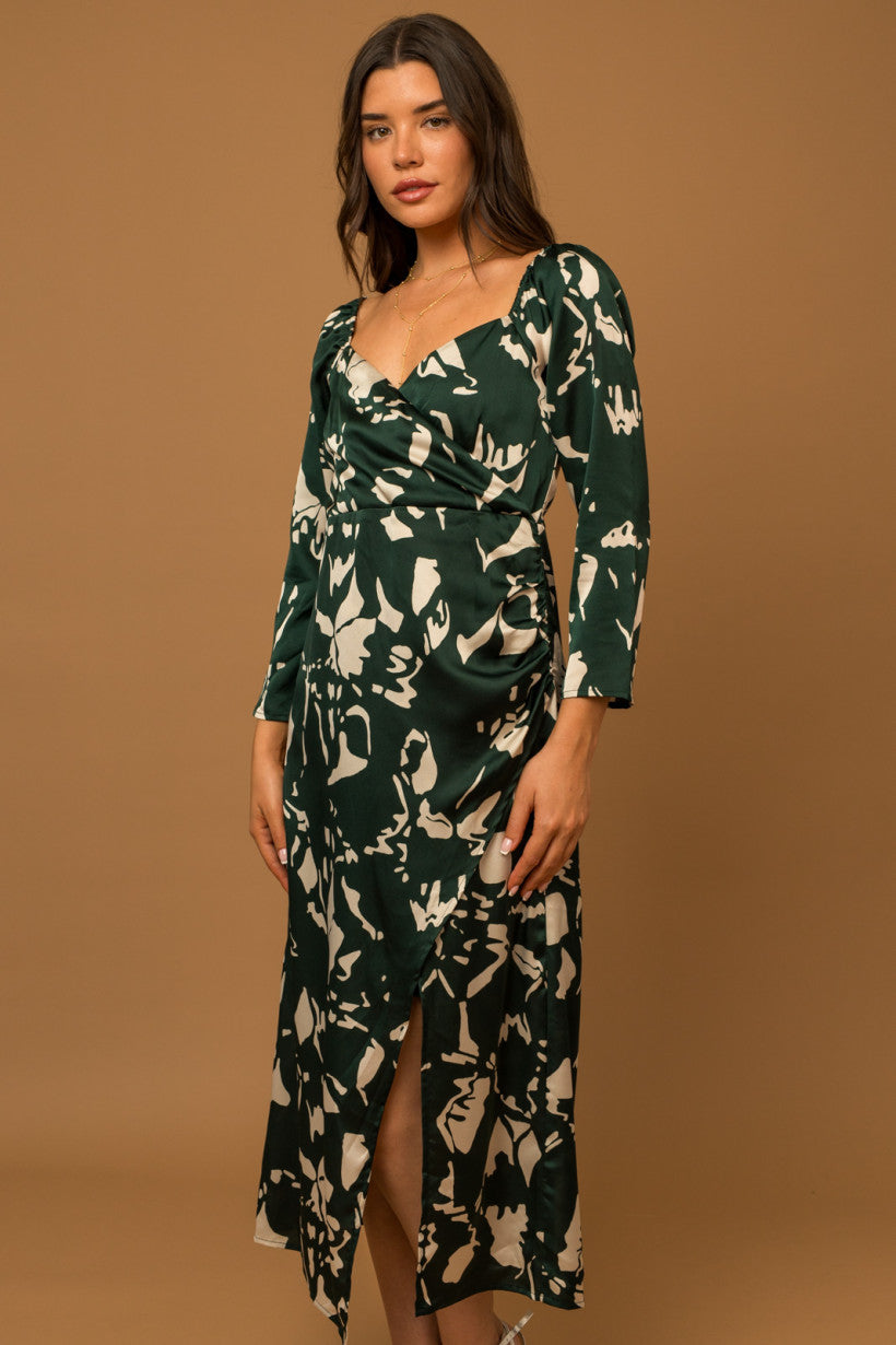 3/4 Sleeve Surplice Abstract Midi Dress Hunter Green