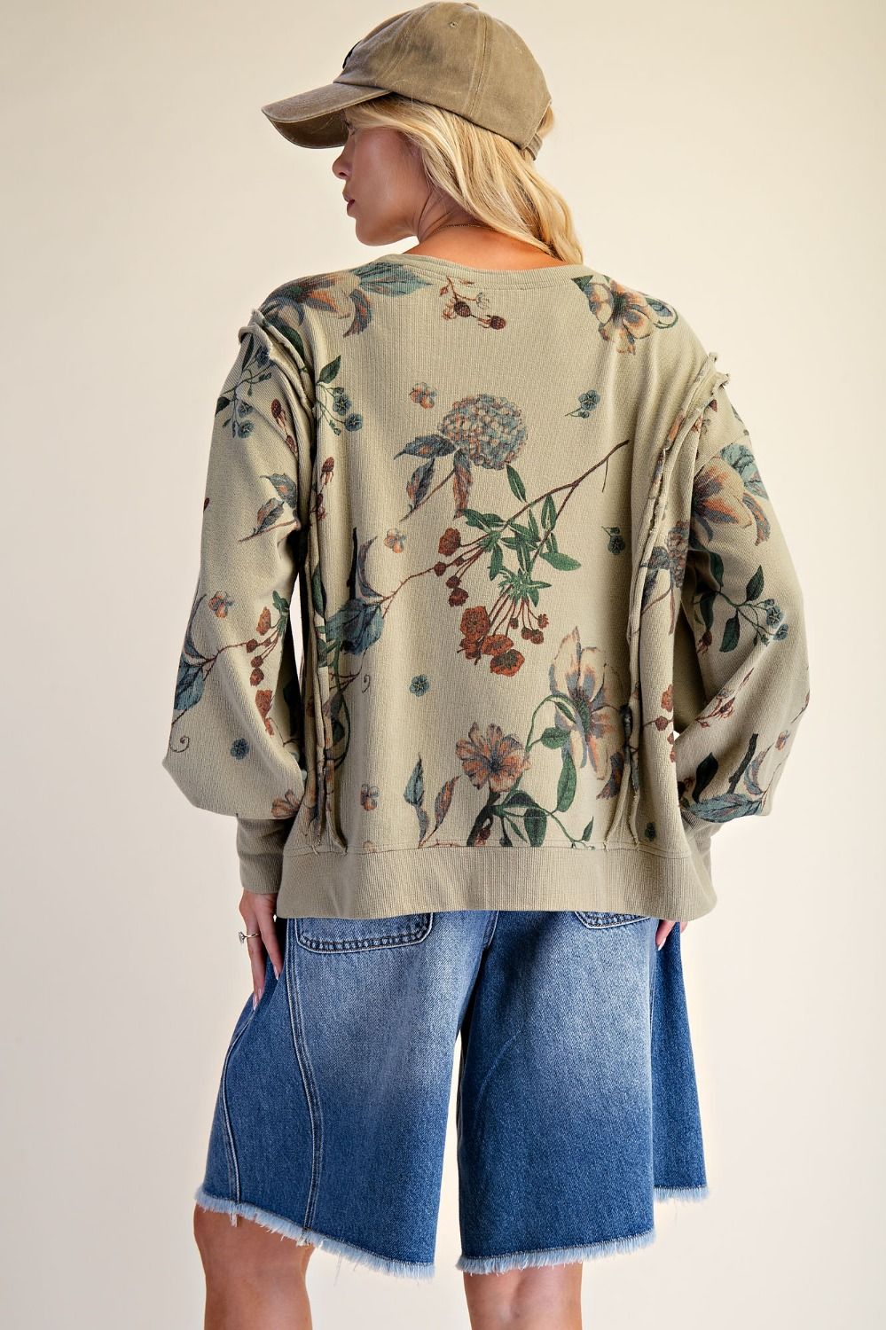 Split Hem Floral Print Washed Pullover Sage