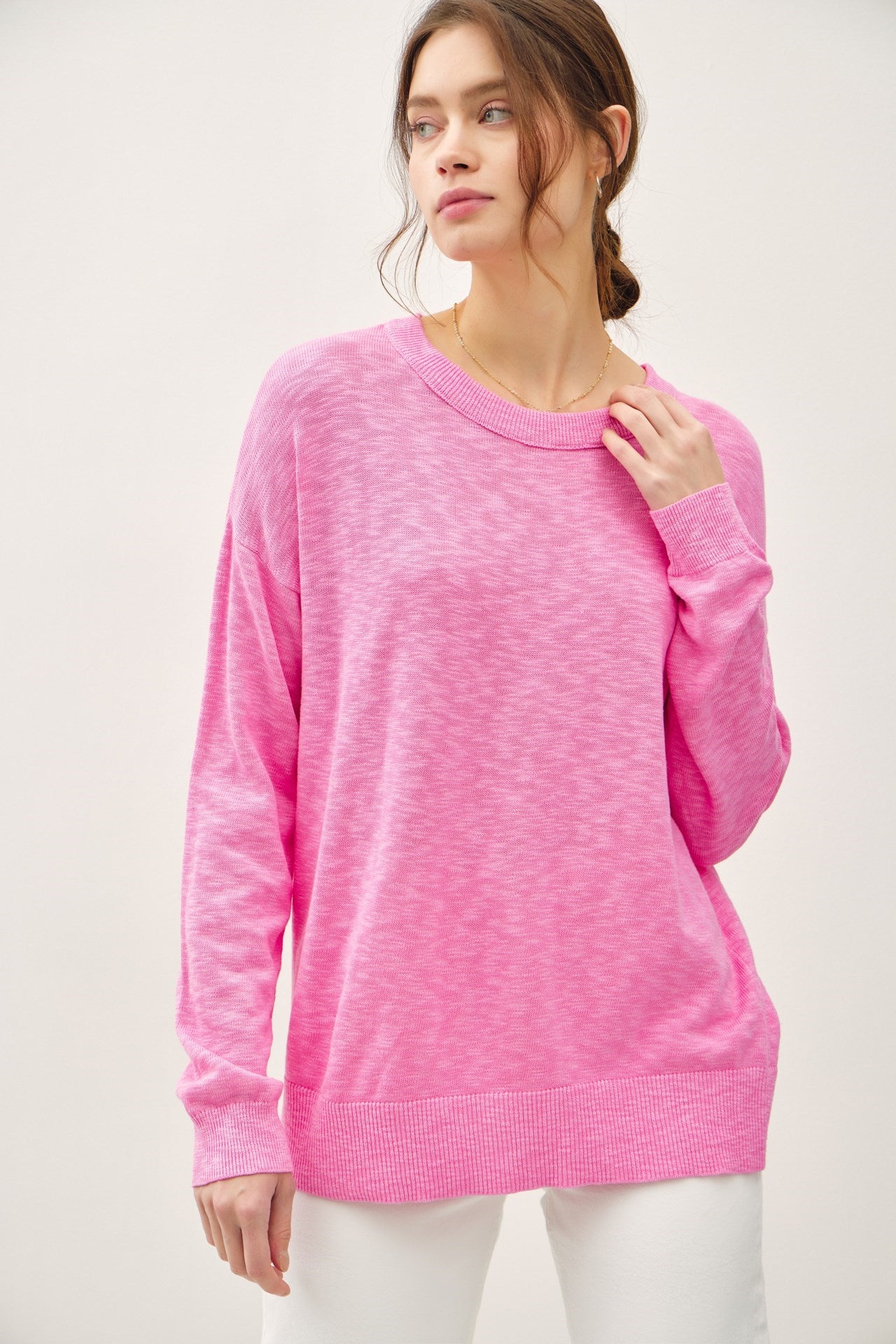 Oversized Cotton Slub Long Sleeve Top Pink