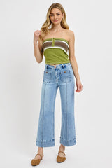 High Rise Pintuck Patch Pocket Crop Wide Leg Jeans Light