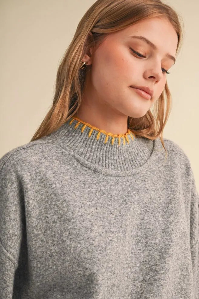 Blanket Stitch Mock Neck Short Sleeve Sweater Grey Yellow