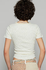 Ruffled Piping Mini Floral Cropped Tee Cream