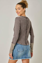 Varigated Rib Washed Pinstripe Cuff Top Chocolate