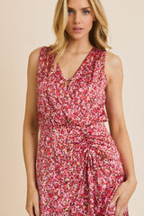 Sleeveless Shoulder Shirred Waist Abstract Print Midi Dress Brown Pink Floral
