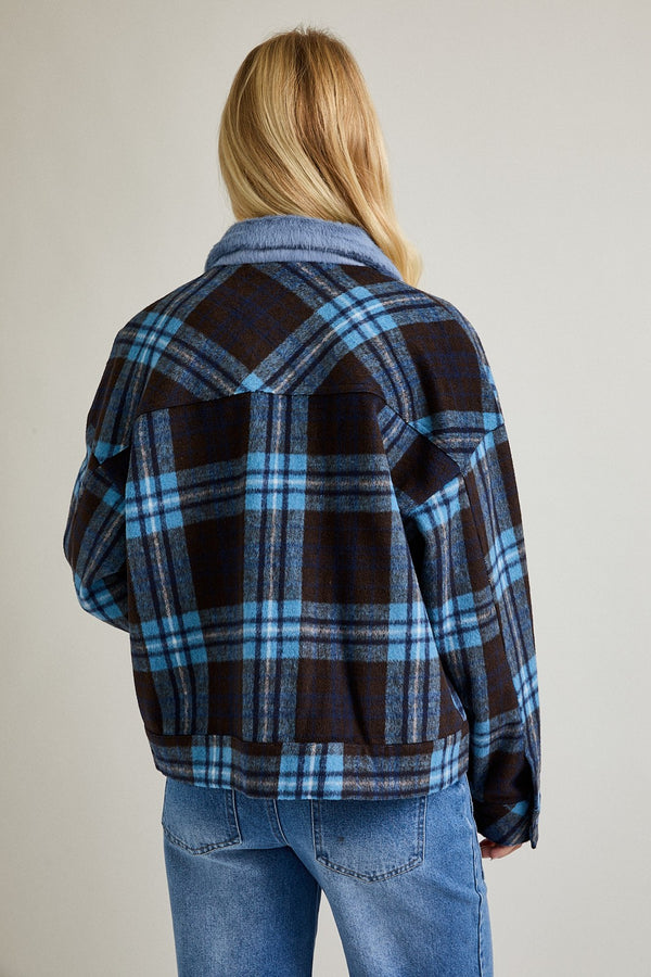 Fuzzy Collar Jacket Brown Blue Plaid