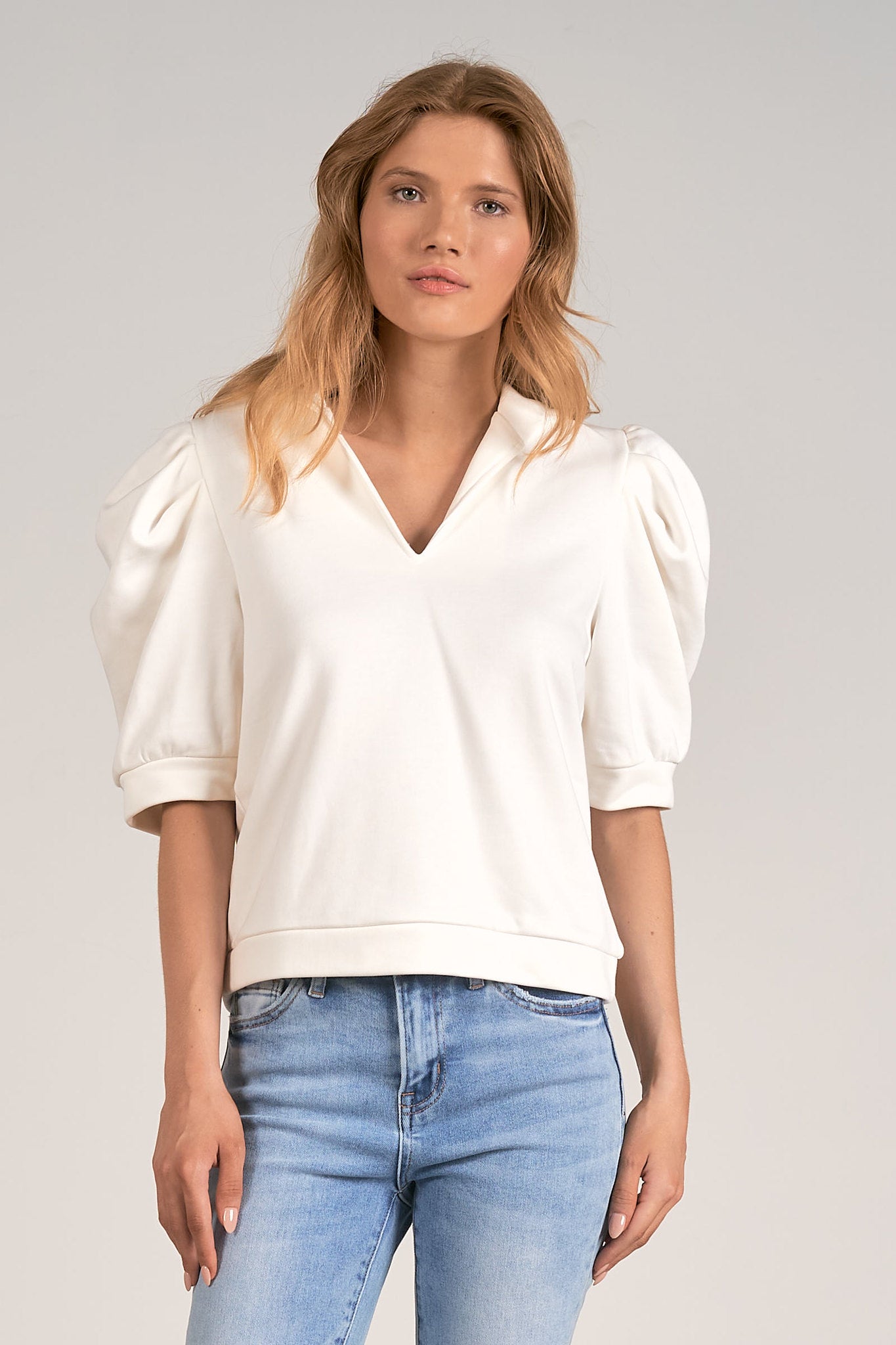Puffed Short Sleeve Vneck Hoodie Top White