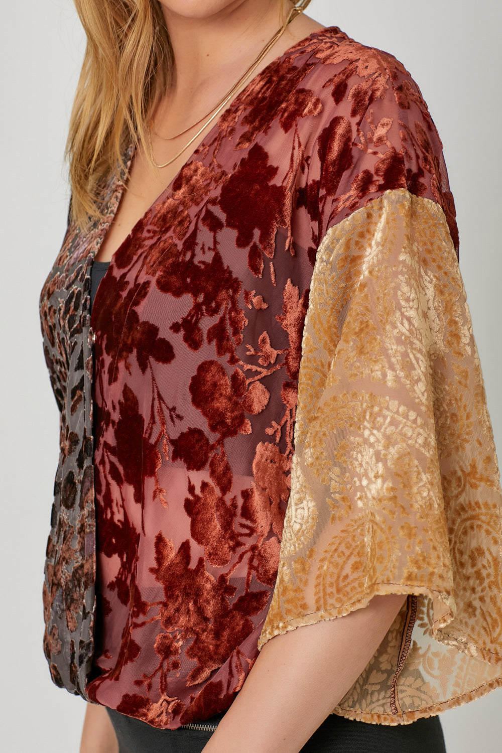 Mixed Print Kimono Sleeve Burnout Velvet Top Burgundy