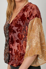Mixed Print Kimono Sleeve Burnout Velvet Top Burgundy