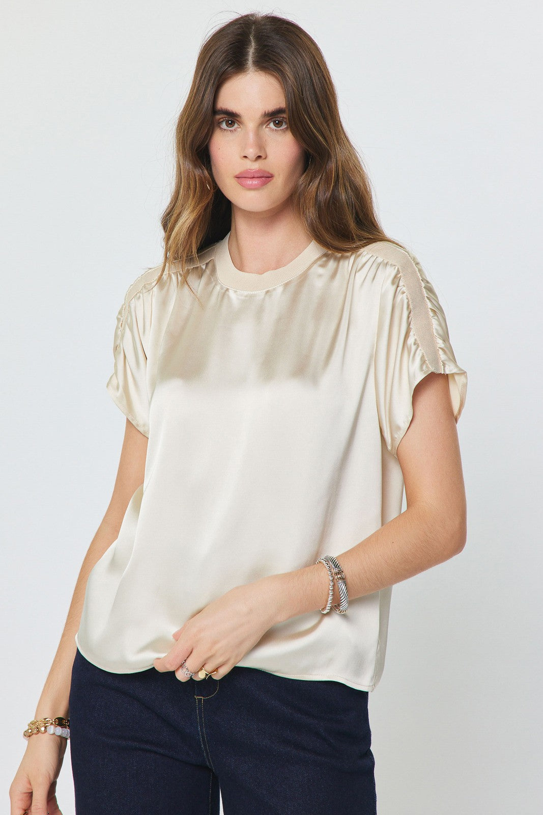 Gathered Shoulder Boxy Satin Top Ecru