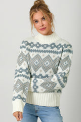 Oversize Fair Isle Mock Neck Sweater Ivory Mix
