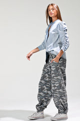 Shirring Detail Washed Button Down Denim Top Light Denim