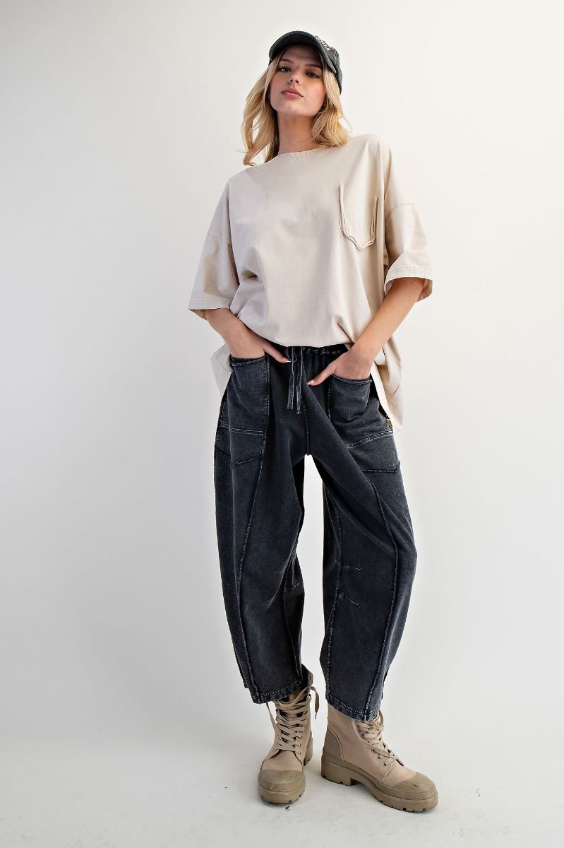 Mineral Washed Terry Knit Barrel Pants Black
