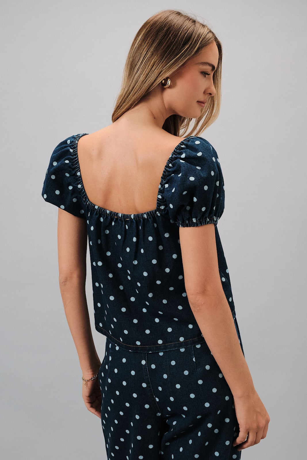 Polka Dot Bubble Off Shoulder Top Denim White