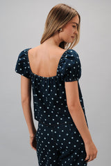 Polka Dot Bubble Off Shoulder Top Denim White