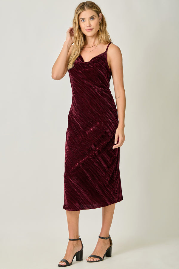 Drape Neck Velvet Slip Dress Wine