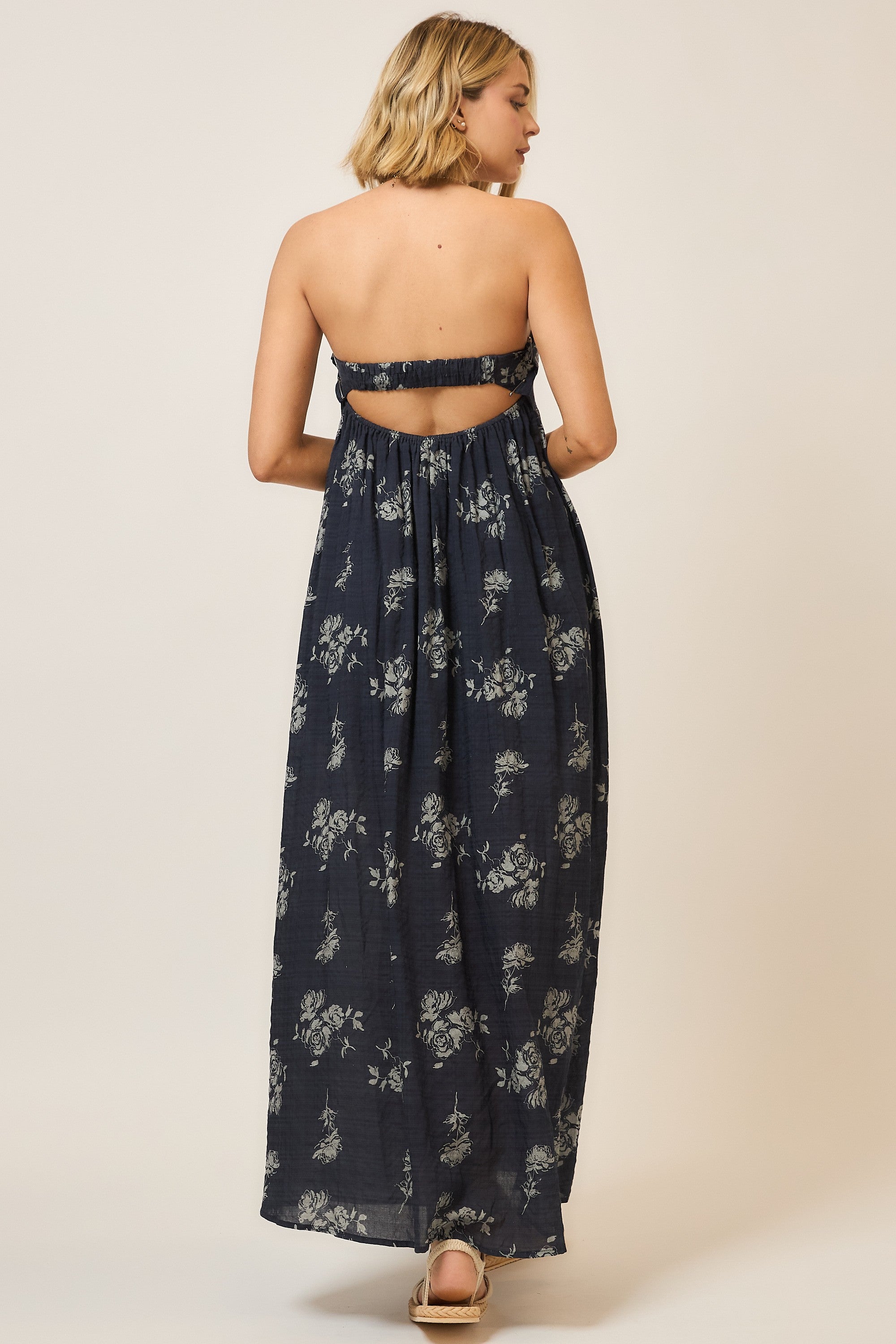Floral Strapless Open Back Maxi Dress Dark Blue