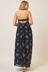 Floral Strapless Open Back Maxi Dress Dark Blue