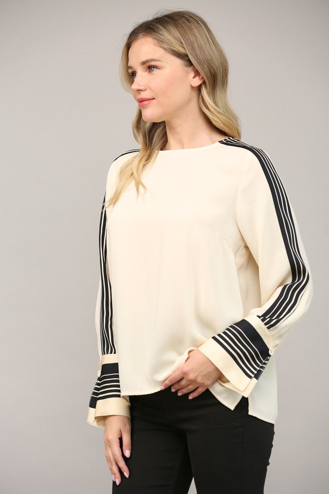 Contrast Stripe Detail Bell Sleeve Blouse Ivory