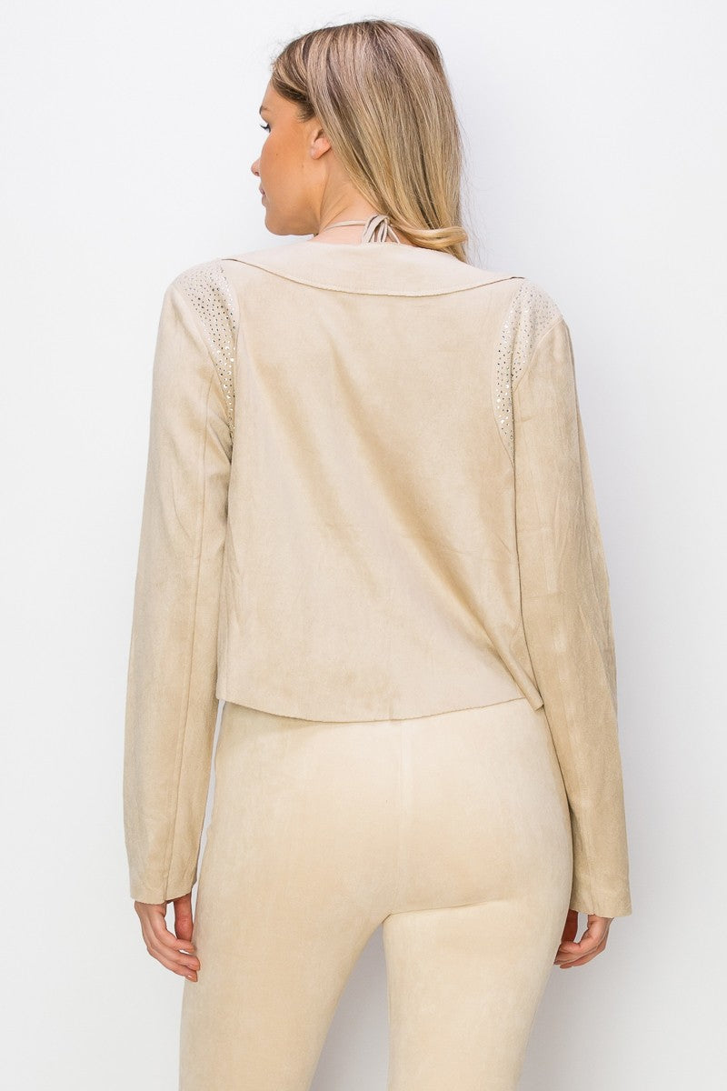 Crystal Fringe Suede Crop Jacket Natural