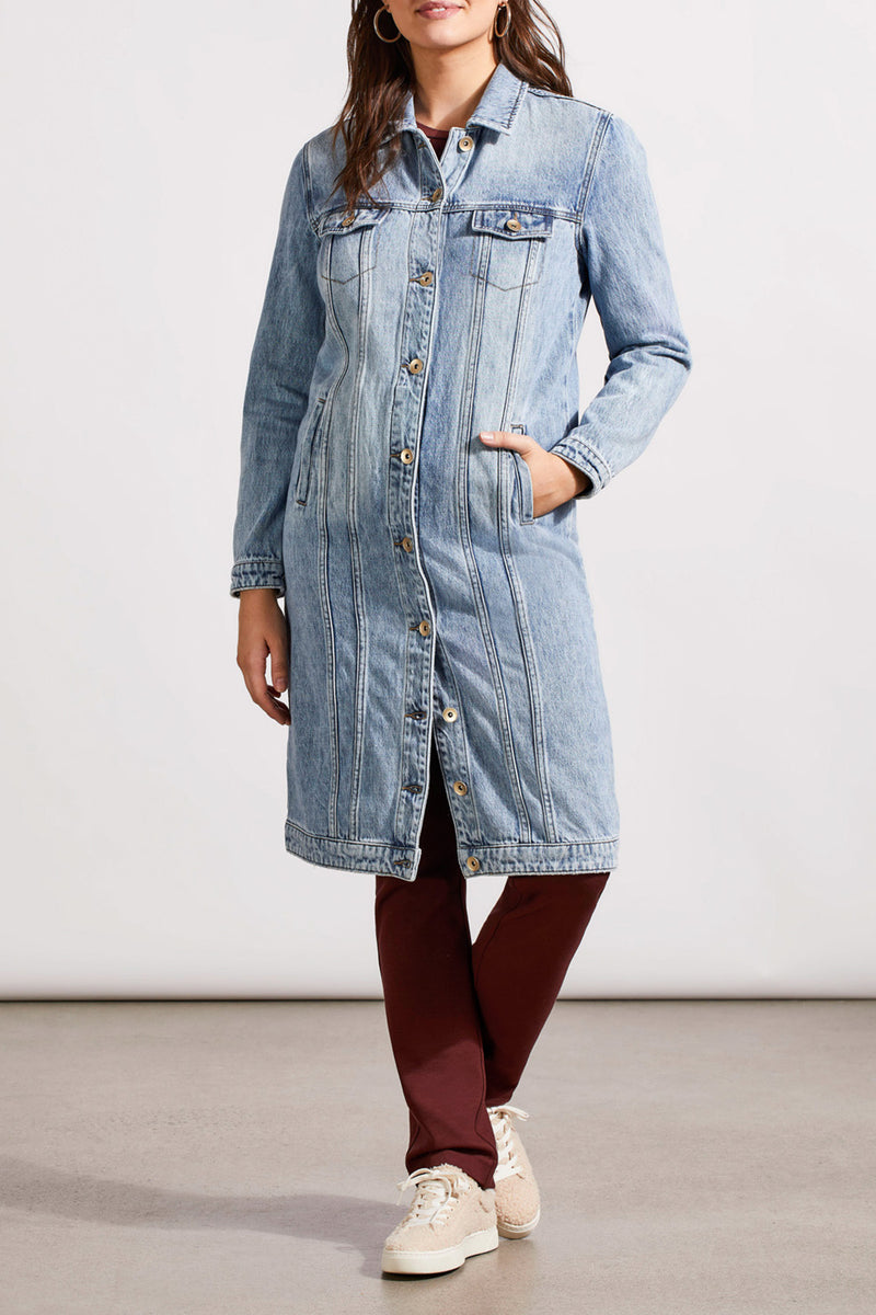 Long Denim Duster Chest Pocket Jacket Washed Blue