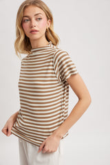 Striped Mock Neck Knit Short Sleeve Top Chocolate + Cream